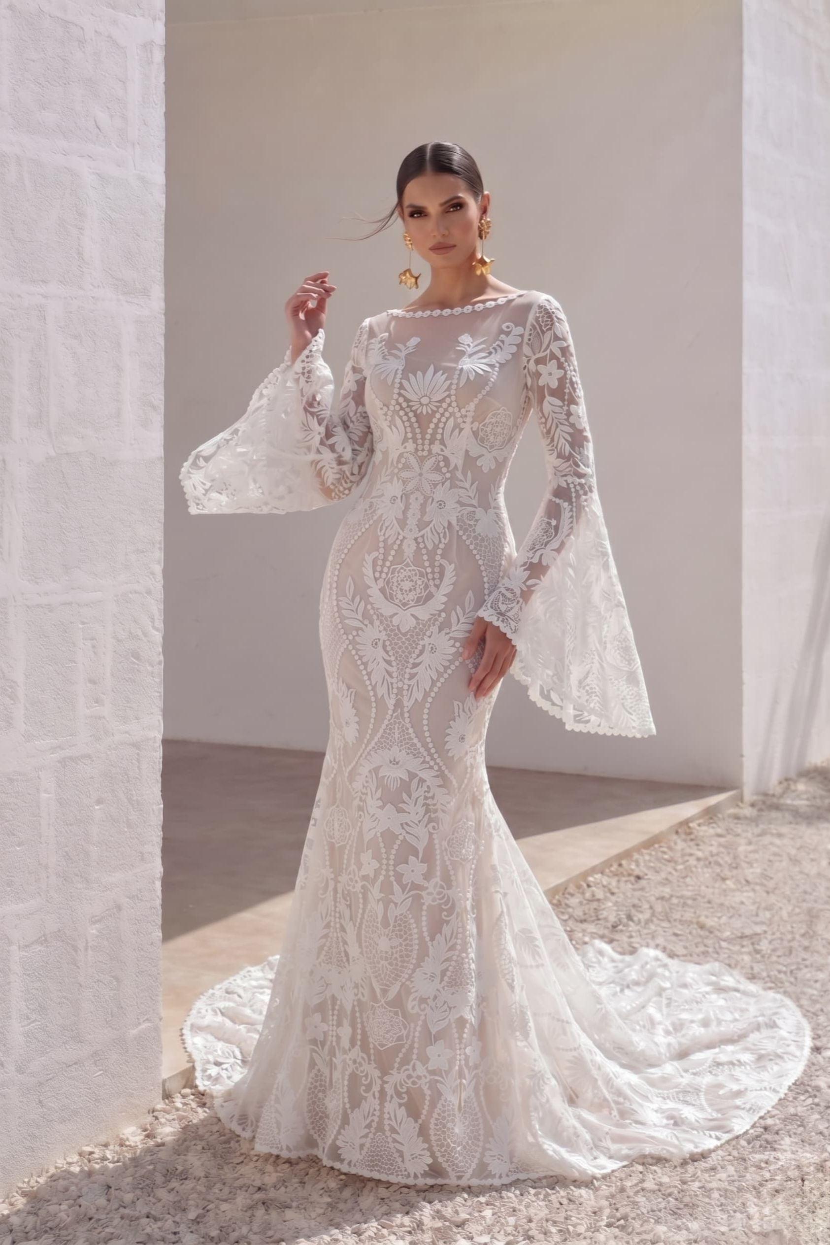 Trumpet-Mermaid Chapel Train Lace Tulle Wedding Dress CW3146 - 45 Days / As Picture:Ivory/Nude / US0-UK2-EUR30 - COCOMELODY
